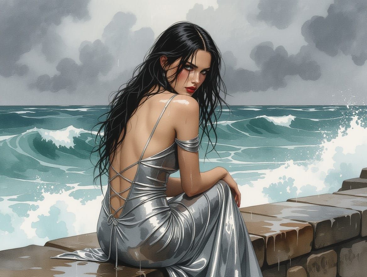 Norse Goddess by Stormy Sea in Silver Dress