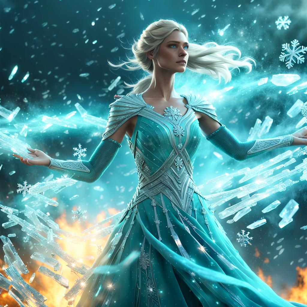 Icy Woman Emerges from Wildfire: 3D Rendering