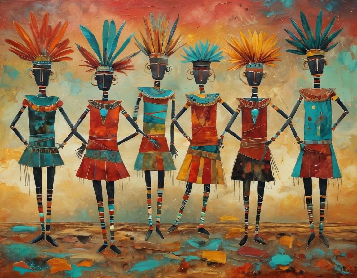 Kachina Dancers at Desert Sunset in Expressionist Style