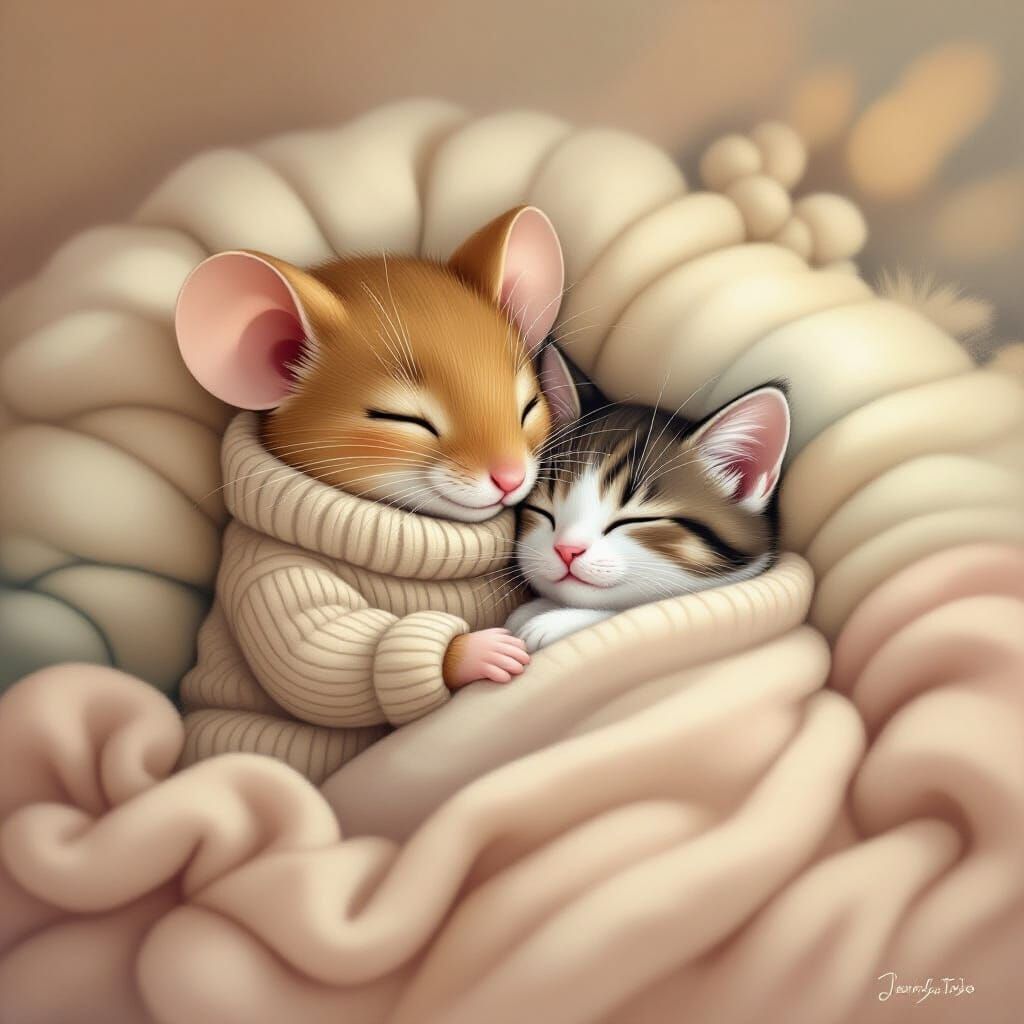 Cozy Mouse and Kitten in Whimsical Style