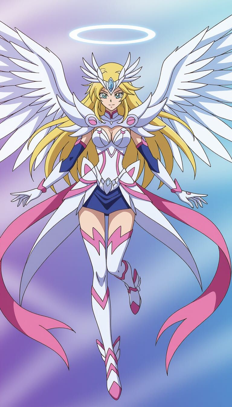 Angewomon Flying in Anime Style with Pink Accents