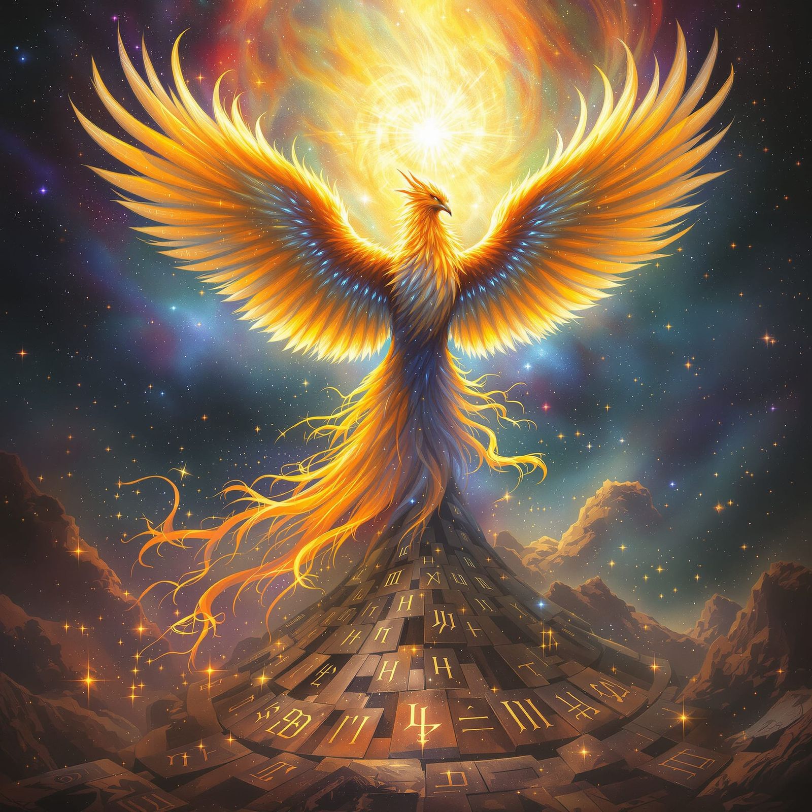 Majestic Phoenix Rises from Cosmic Runes