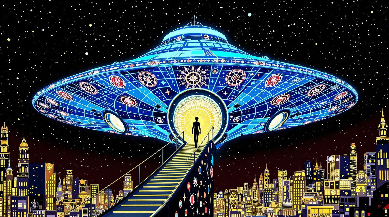 Glowing UFO in Science Fiction Futuristic City