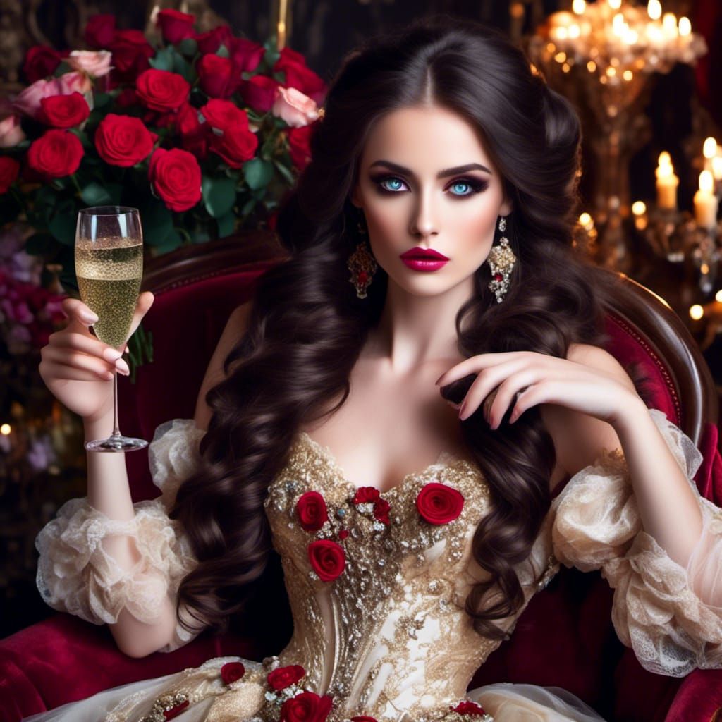 Elegant Victorian Beauty Lounging with Champagne