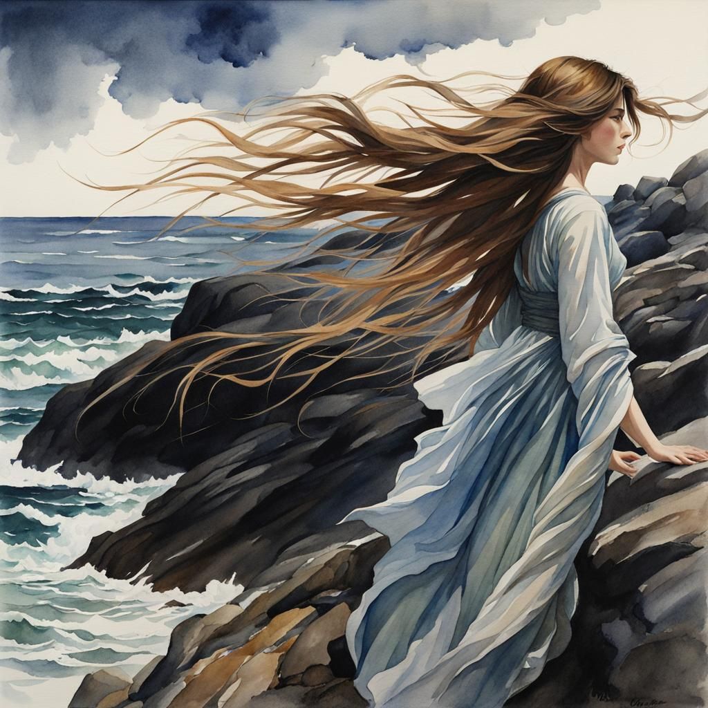 Woman on Windy Seashore in Waterhouse Style
