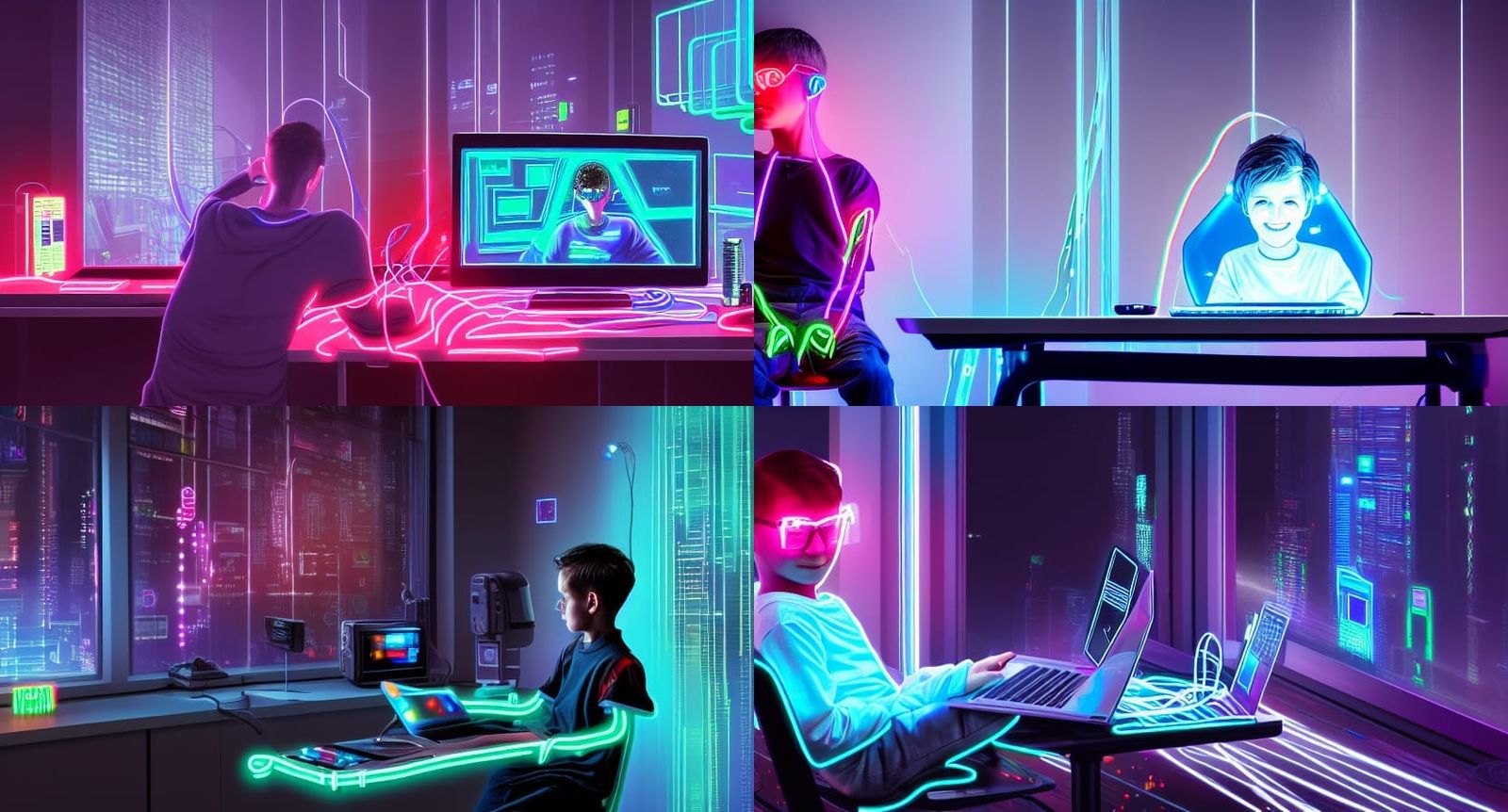 Cyborg Boy in Cyberpunk Room with Neon Lights