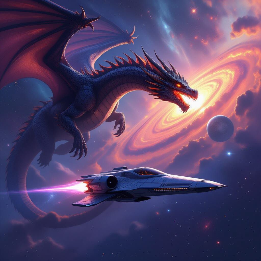 Colossal Dragon Chases Starship Through Cosmic Void
