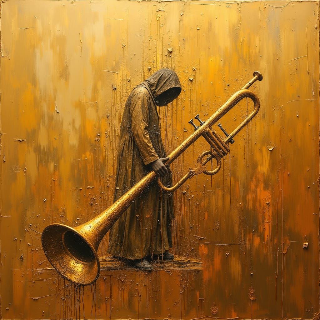 Abstract Notre Dame with Golden Trumpet in Oil Paint