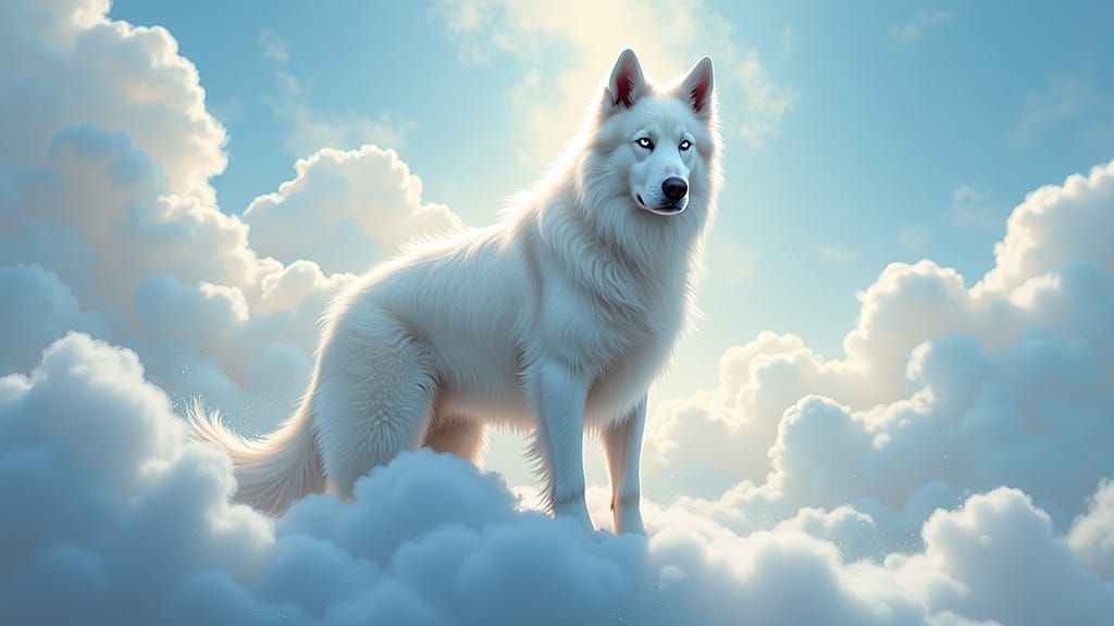 Majestic White Dog on Cloudy Misty Morning