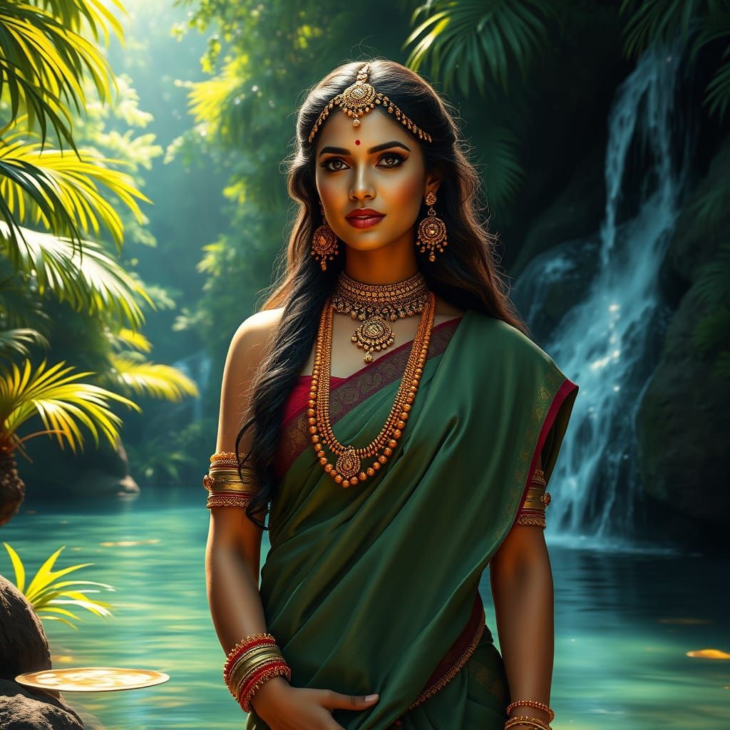 Majestic Indian Woman in Jungle Waterfall, Hyperrealistic