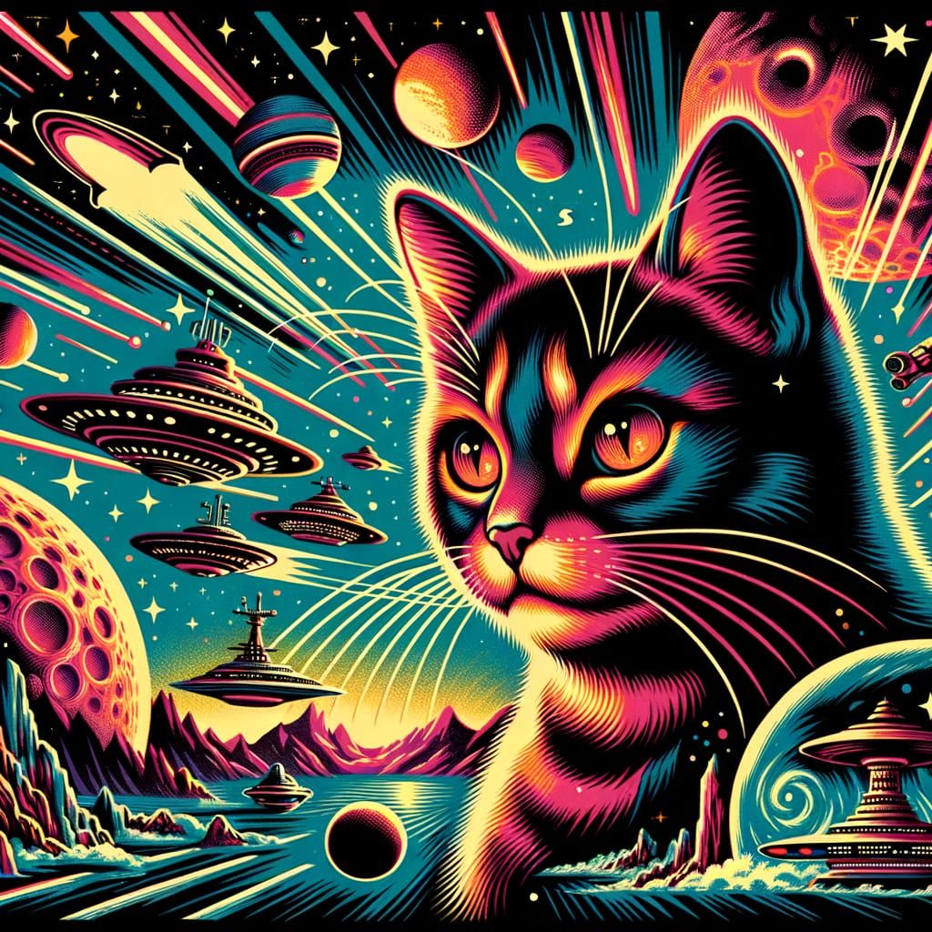 Retro-Futuristic Cat in Sci-Fi Pulp Cover
