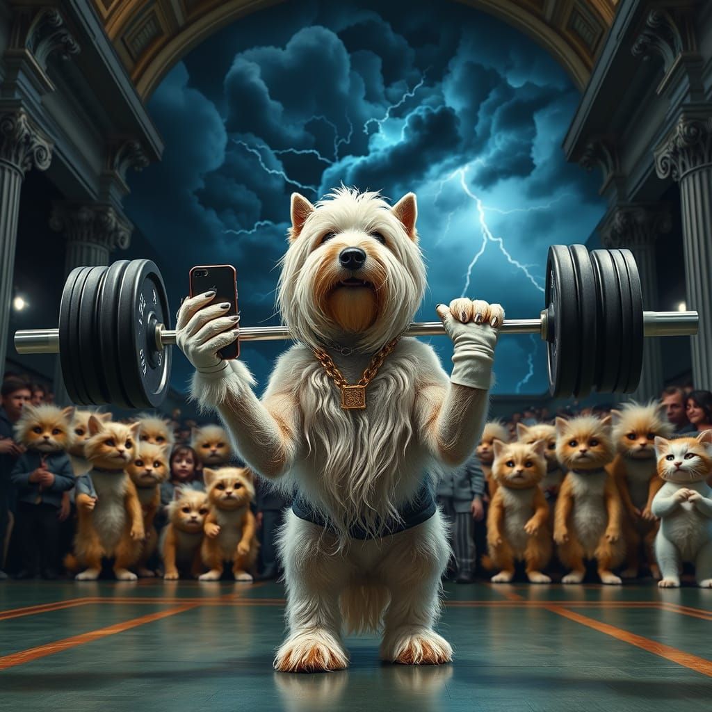 Muscled Airedale Terrier Benchpresses in Fantastical Gymnasi...