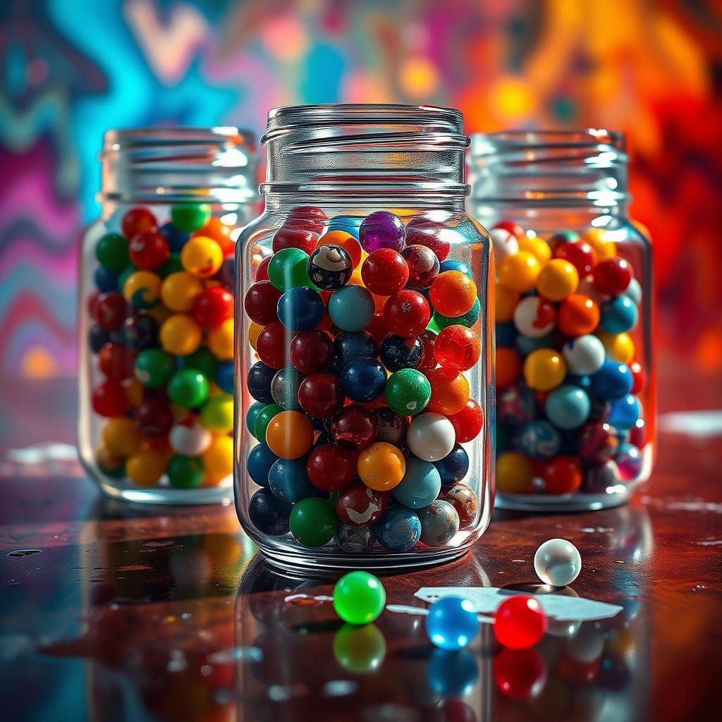 Vibrant Glass Jars Overflow with Intricately Detailed Marble...