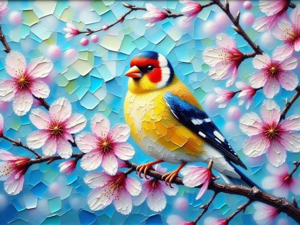 Vibrant Goldfinch in Cherry Blossom Tree
