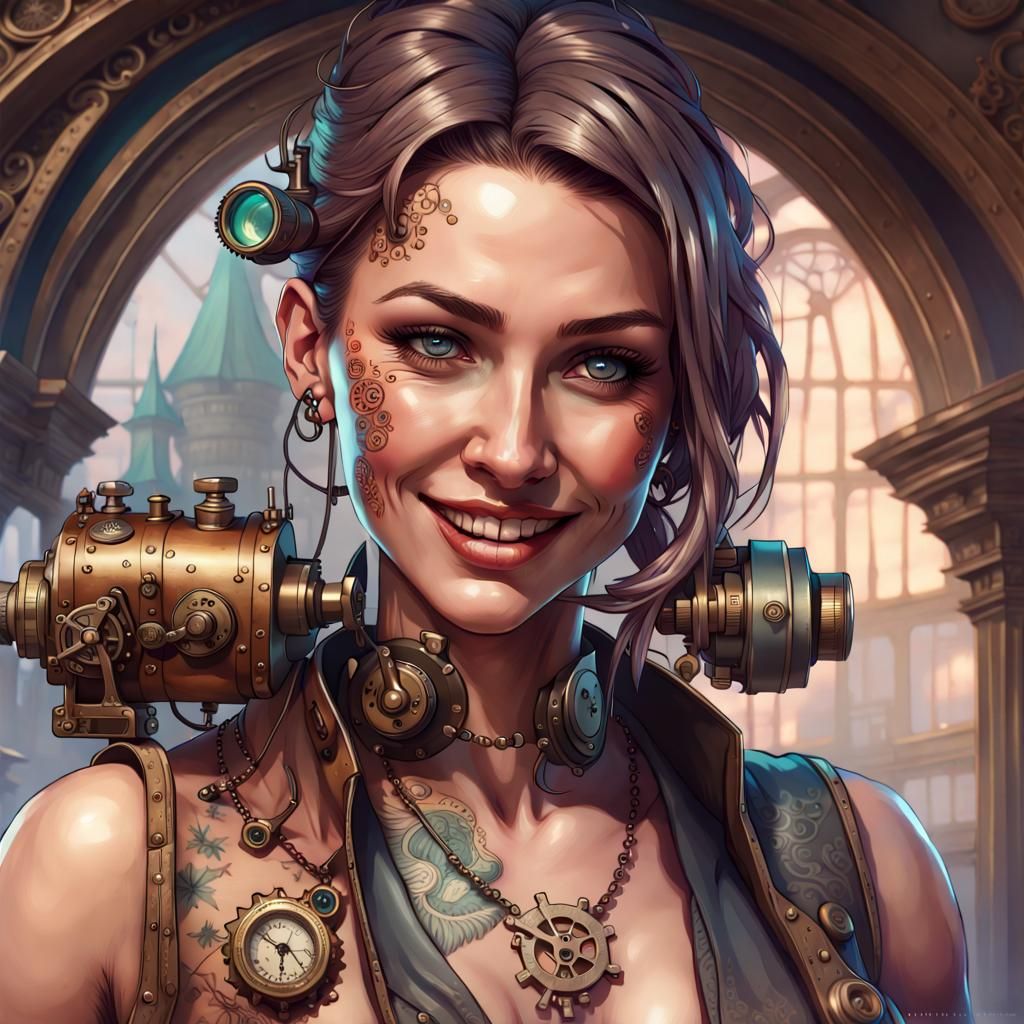 Steampunk Woman with Sextant in Hyperdetailed Portrait