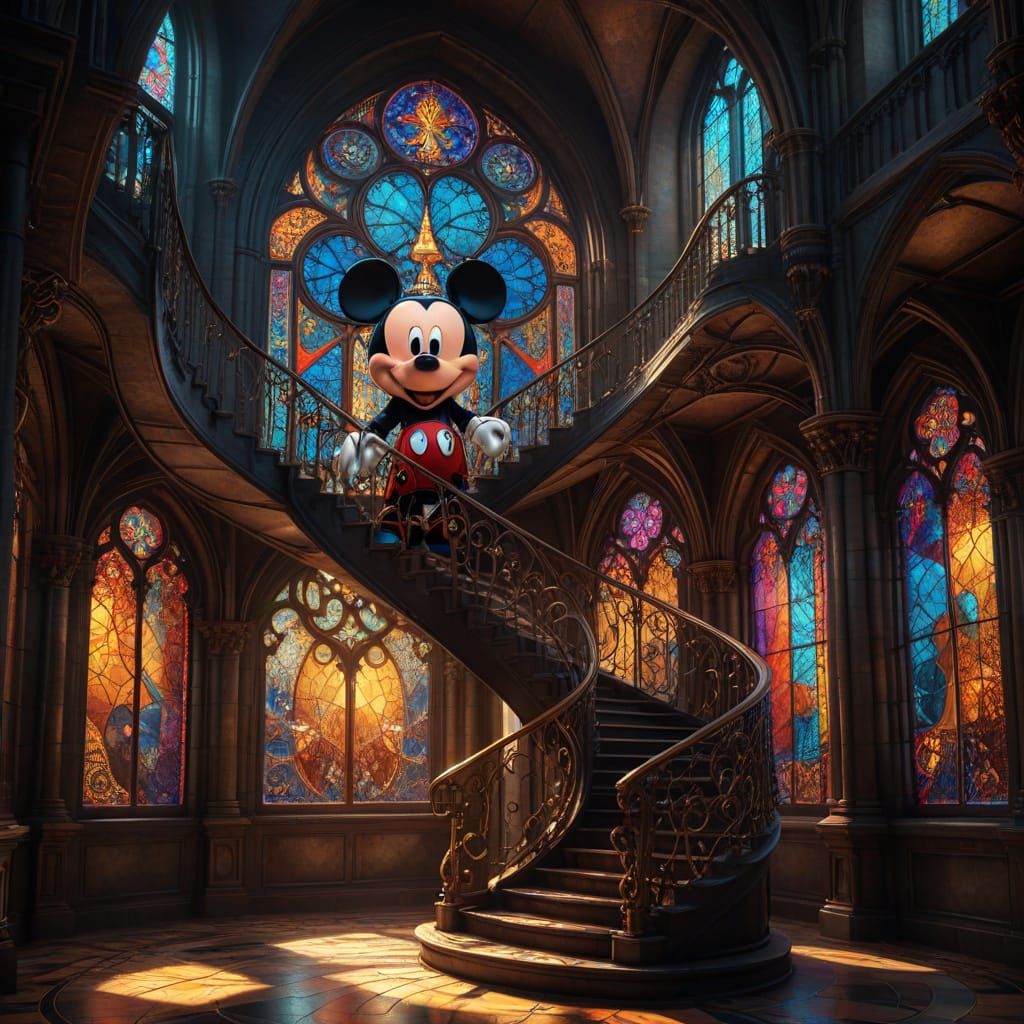 Mickey mouse standing on a spiral staircase in a dark, mystical, ornate cathedral