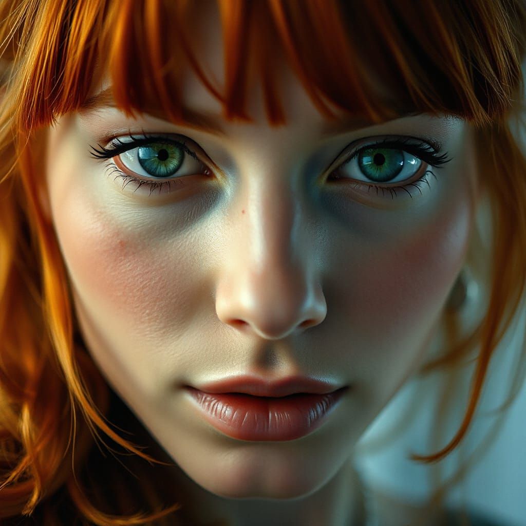 Hyper-Realistic Portrait of a Red-Haired Woman in Emerald Gr...