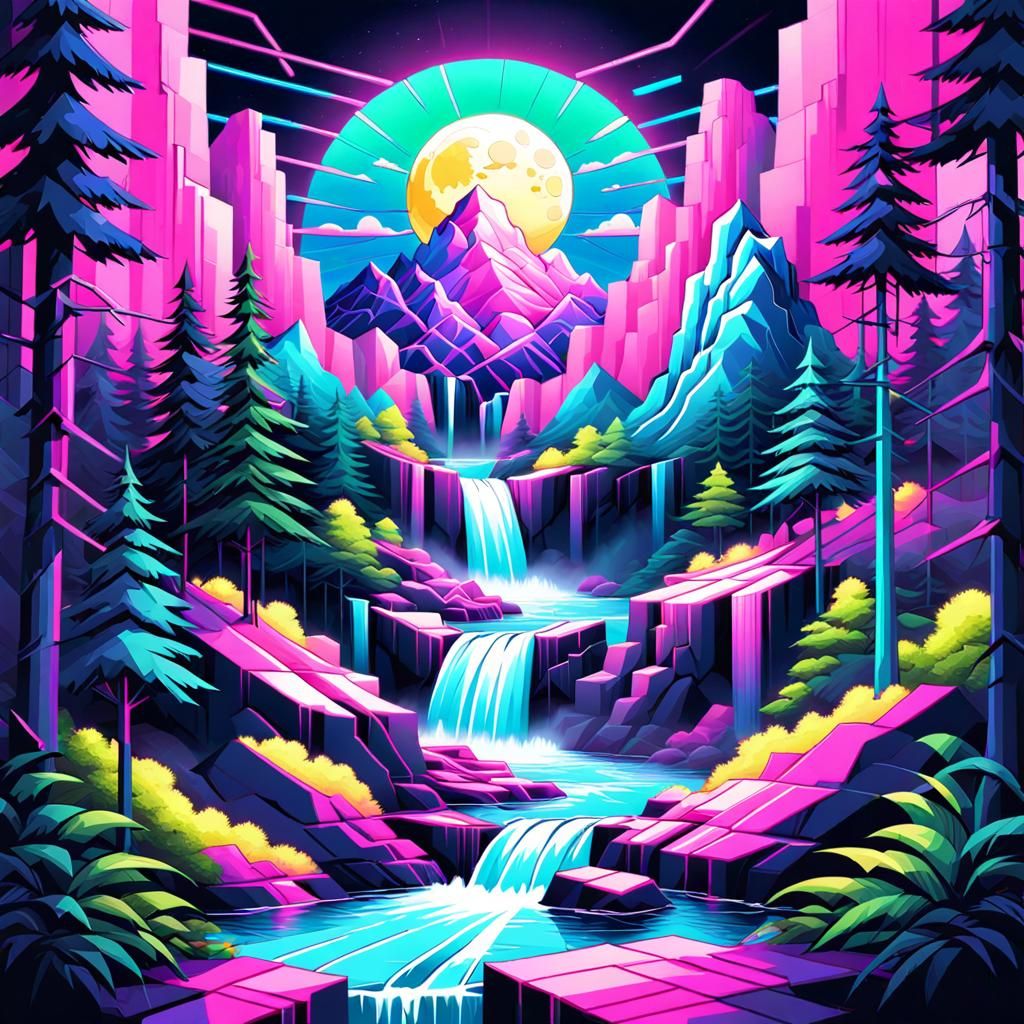 Vaporwave Waterfall Under Full Moon in Cubist Style