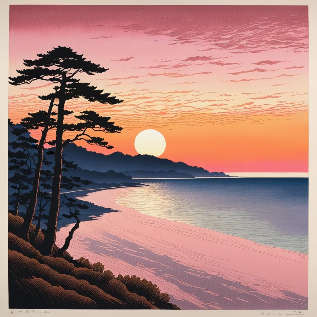 Nakoso-Fukushima Coastline Woodcut Print at Sunset