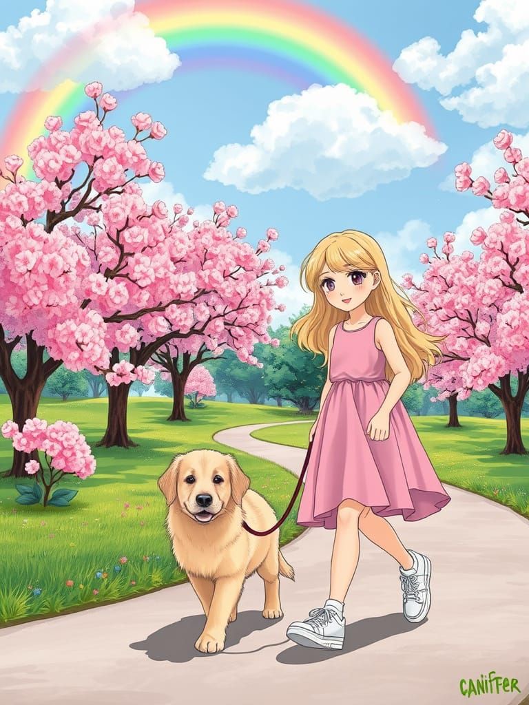Girl with Puppy in Cherry Blossom Park