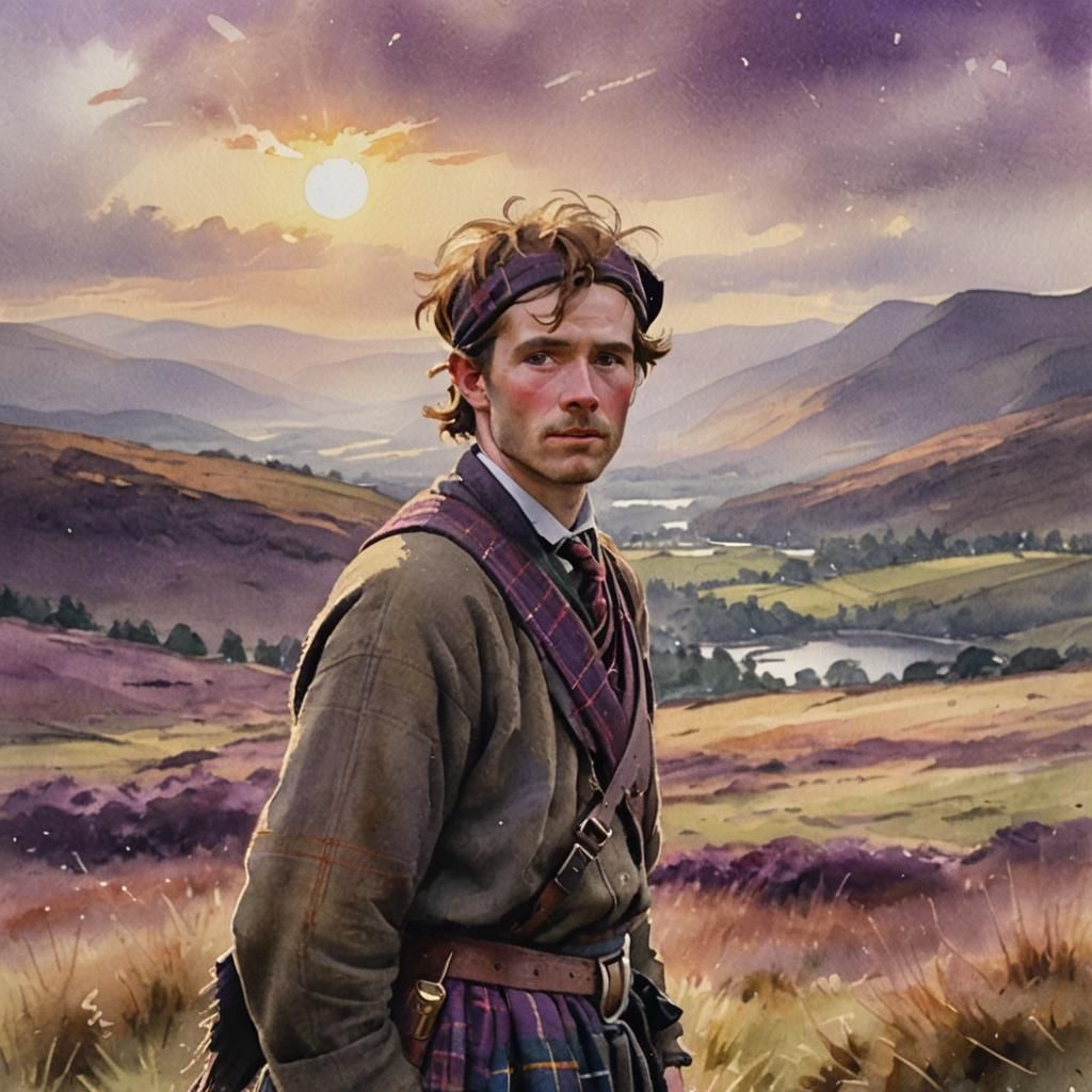 Scotsman in Highlands: Watercolor Impressionist Postcard