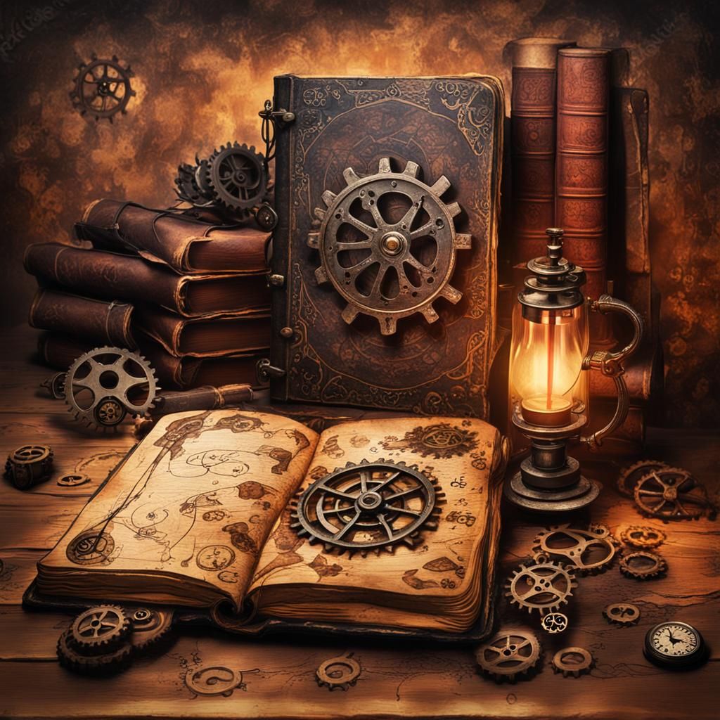 Steampunk Spell Book with Wizard Light, Dark Fantasy Art