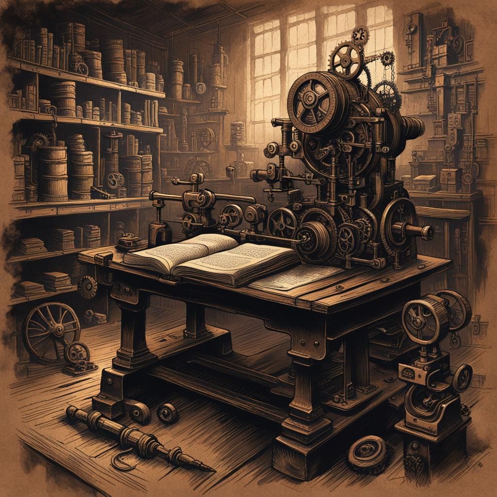 Mystical Steampunk Book in Dark Fantasy Ink Painting