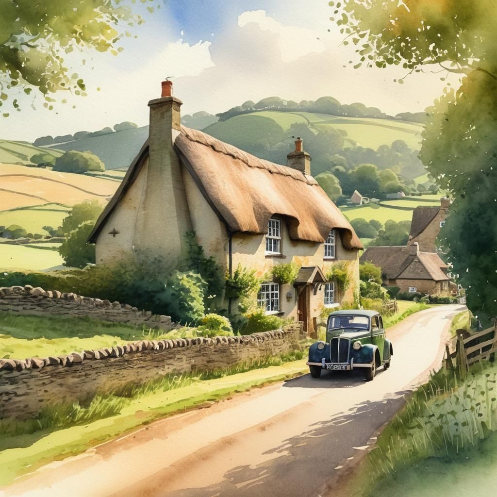 Watercolor Village Scene in the English Countryside