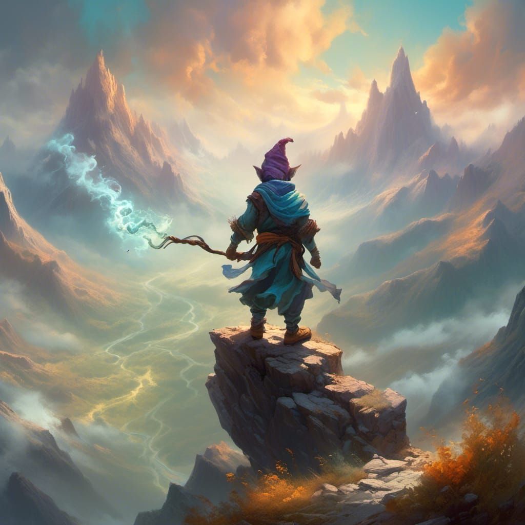 Gnome Air Bender in Vibrant Fantasy Landscape