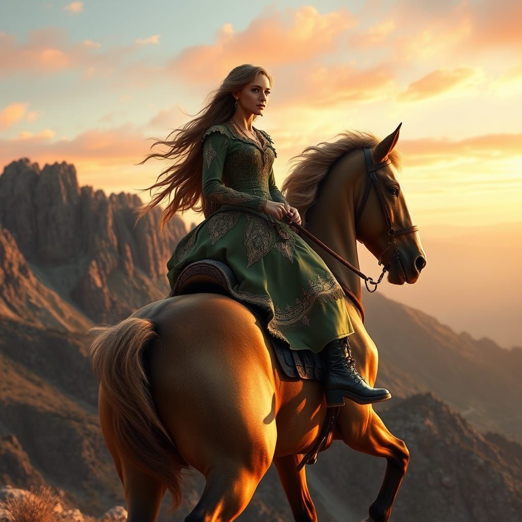 Victorian Woman Rides Horse at Sunset