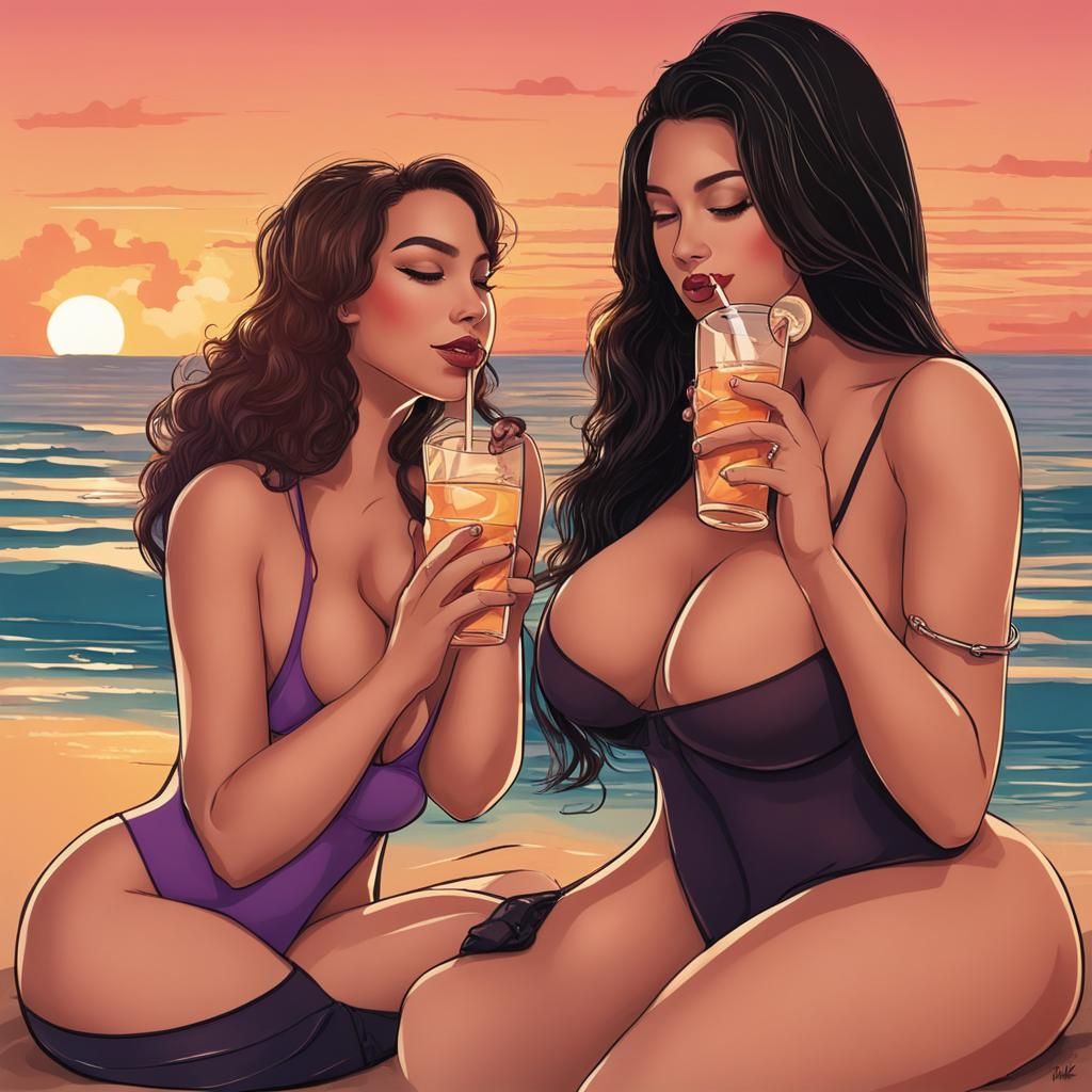 Curvy Women Enjoying Sunset Drinks