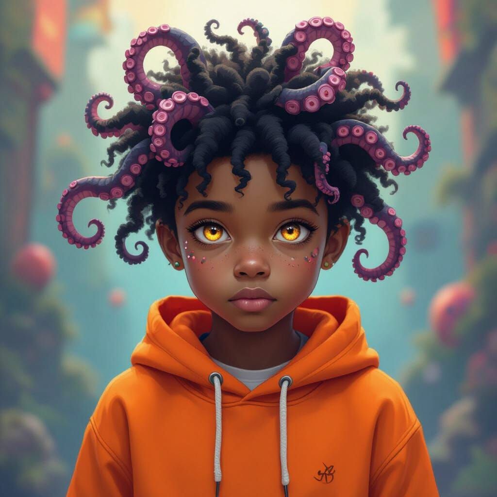 Surreal Octopus-Hair Boy in Vibrant Digital Art