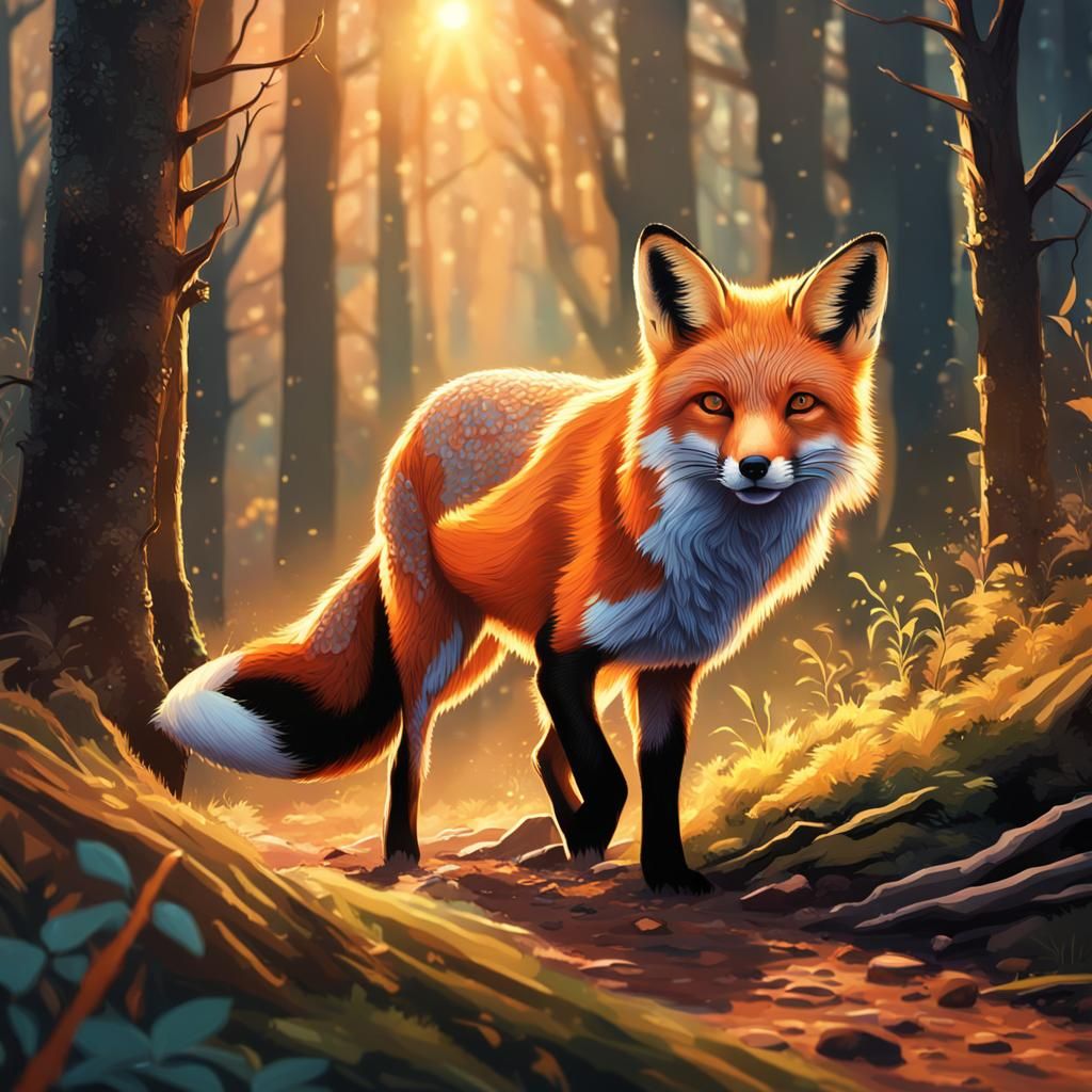 Fox in Woods at Sunrise: Hyperrealistic Splash Art