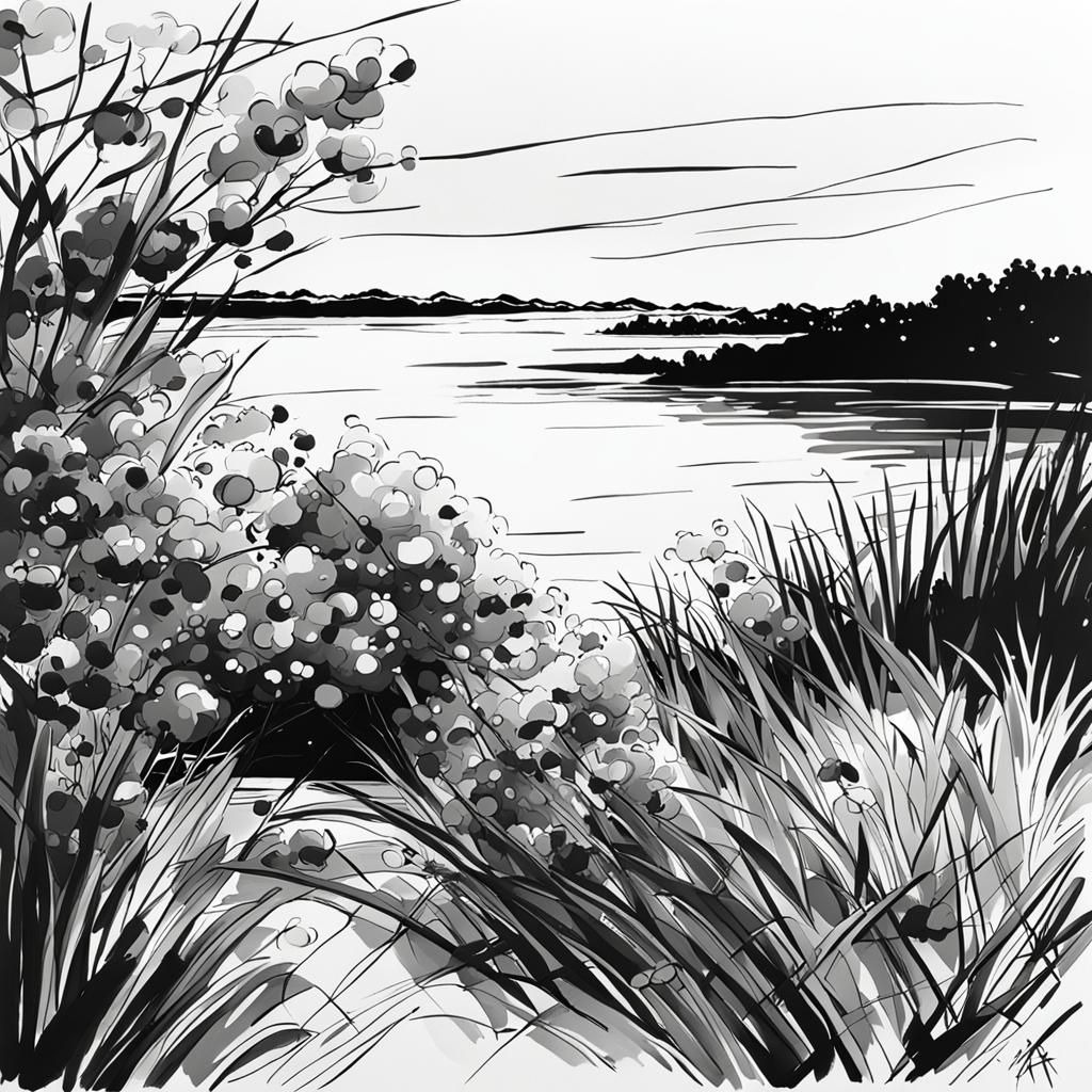Abstract Black and White Waterside Sketch