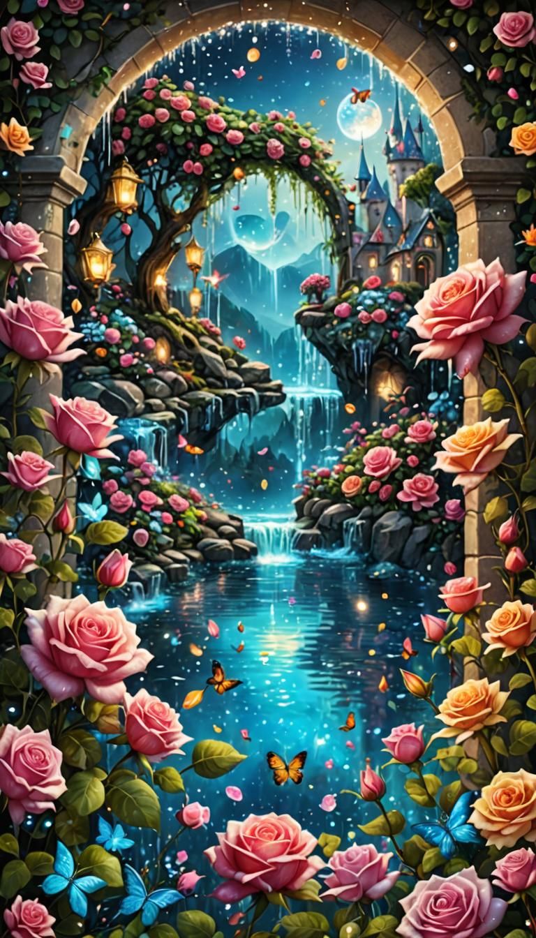 Magical World with Rose Arch and Sparkling Water