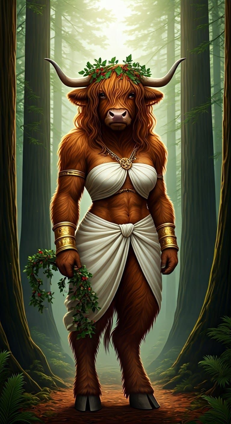 Majestic Highland Cow Minotaur in Whimsical Fantasy Art