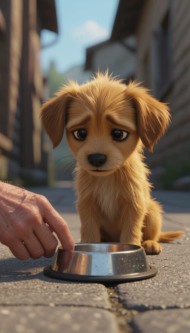 Sad Puppy Gazes at Empty Bowl in Pixar-Style 3D