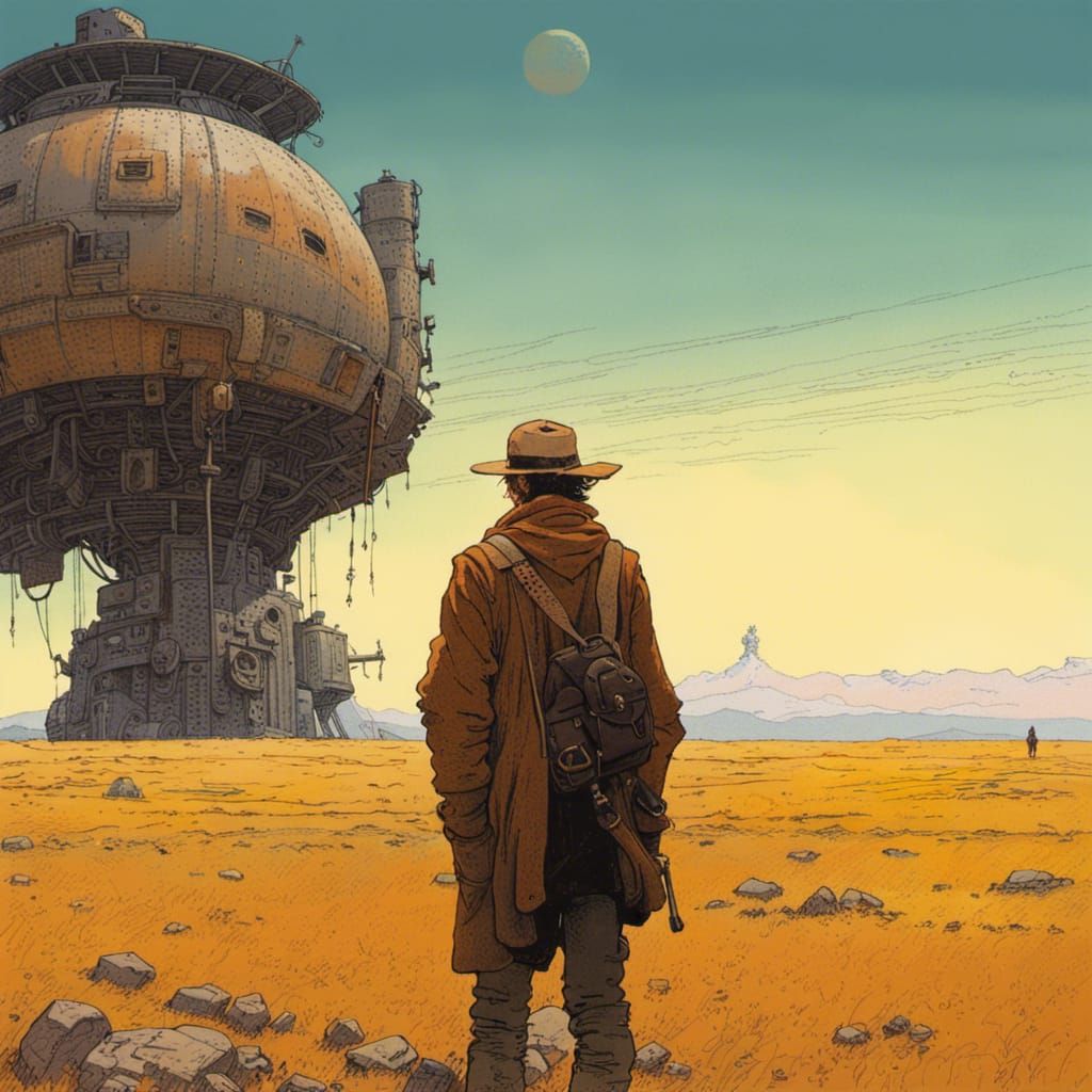 Weary Traveler Portrait in Moebius Style