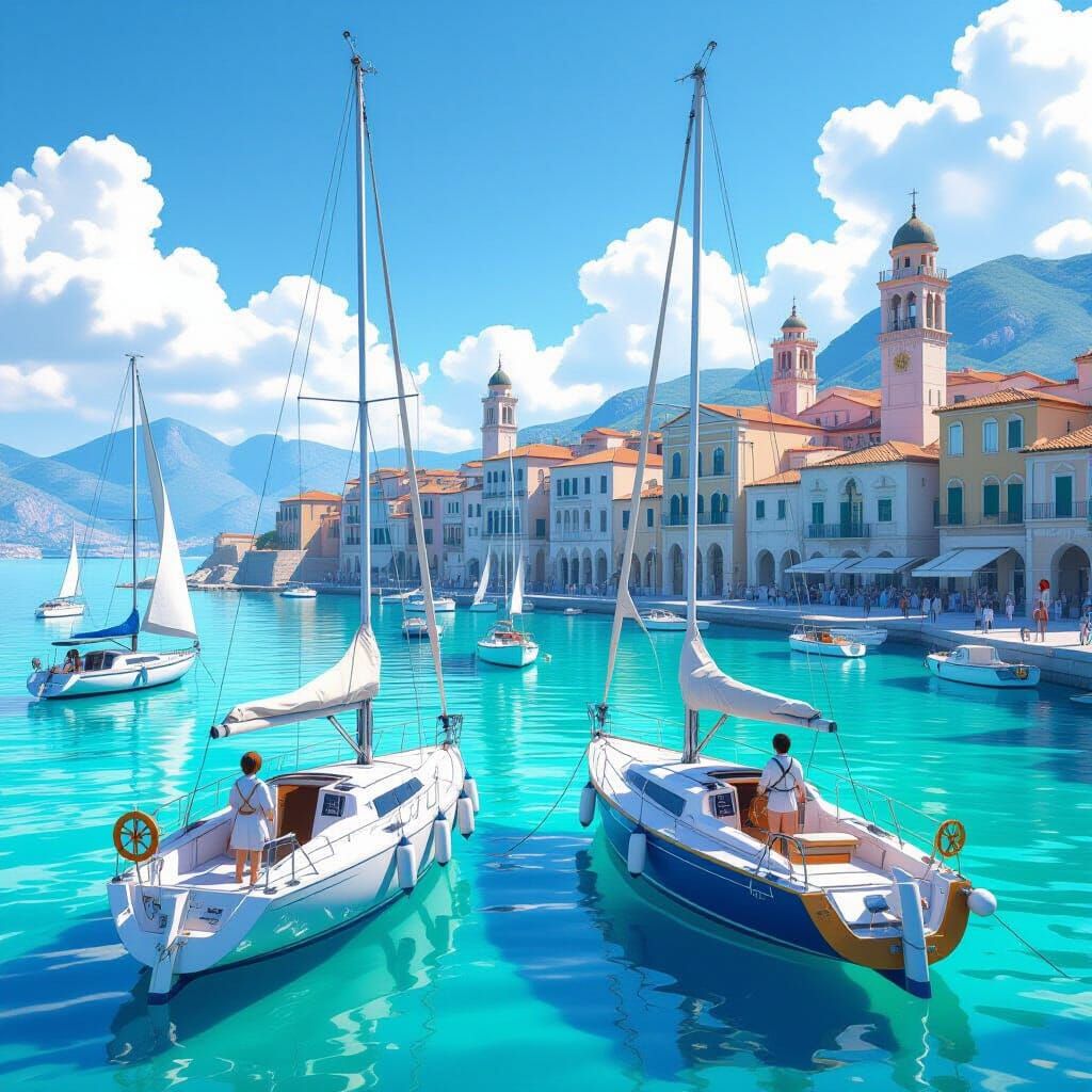 Sailboats in Italian Port, 3D Anime Art Style