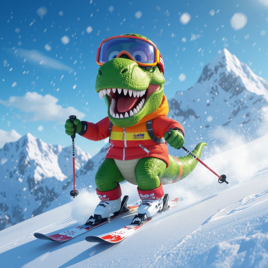 Dinosaur Hilariously Skiing Down Snowy Peak in Pixar Style