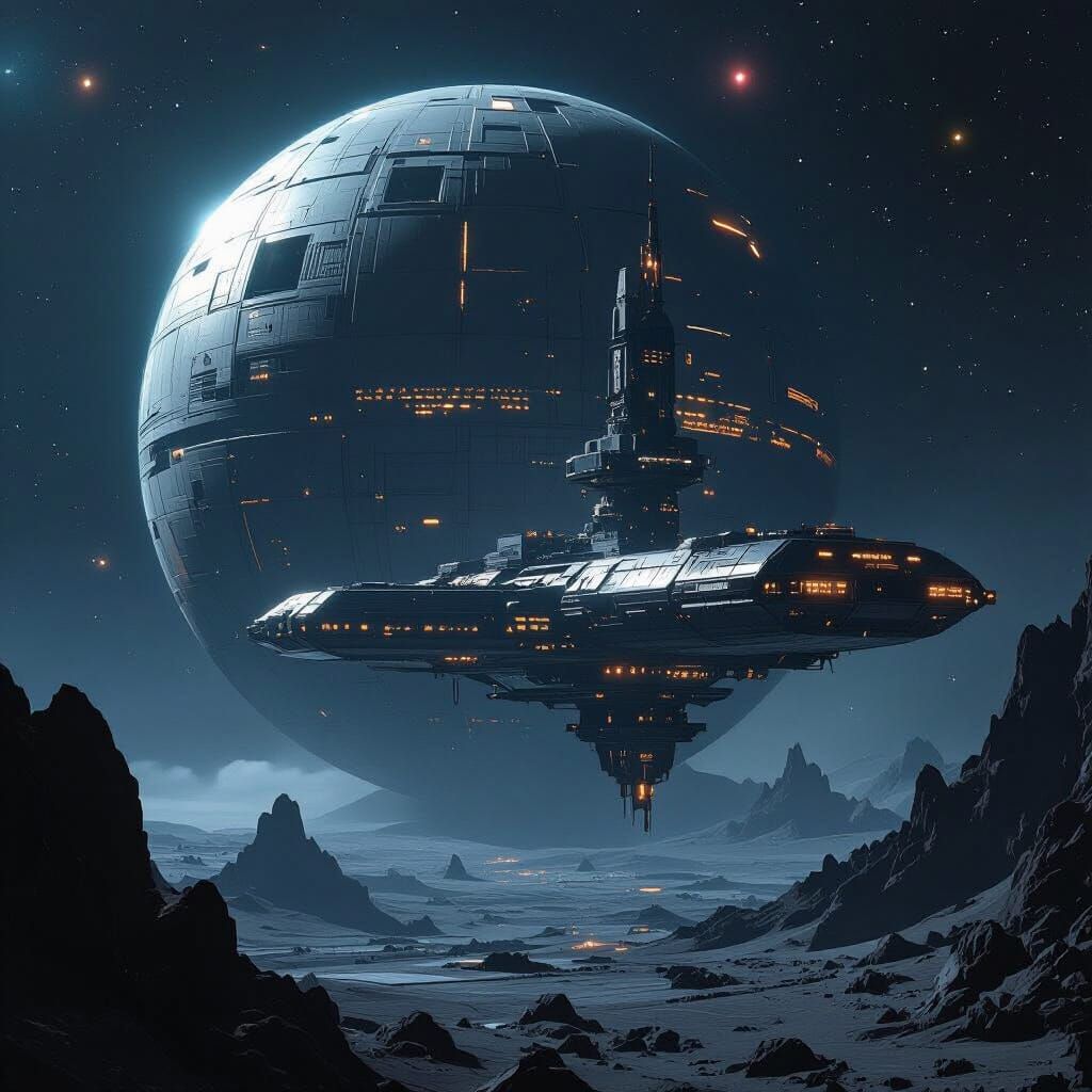 Epic Space Station Orbits Detailed Steel Moon in Neon Glow