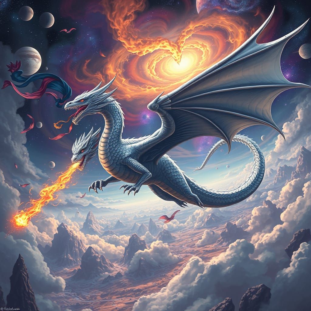 Silver Dragon Soaring Through Nebula Sky