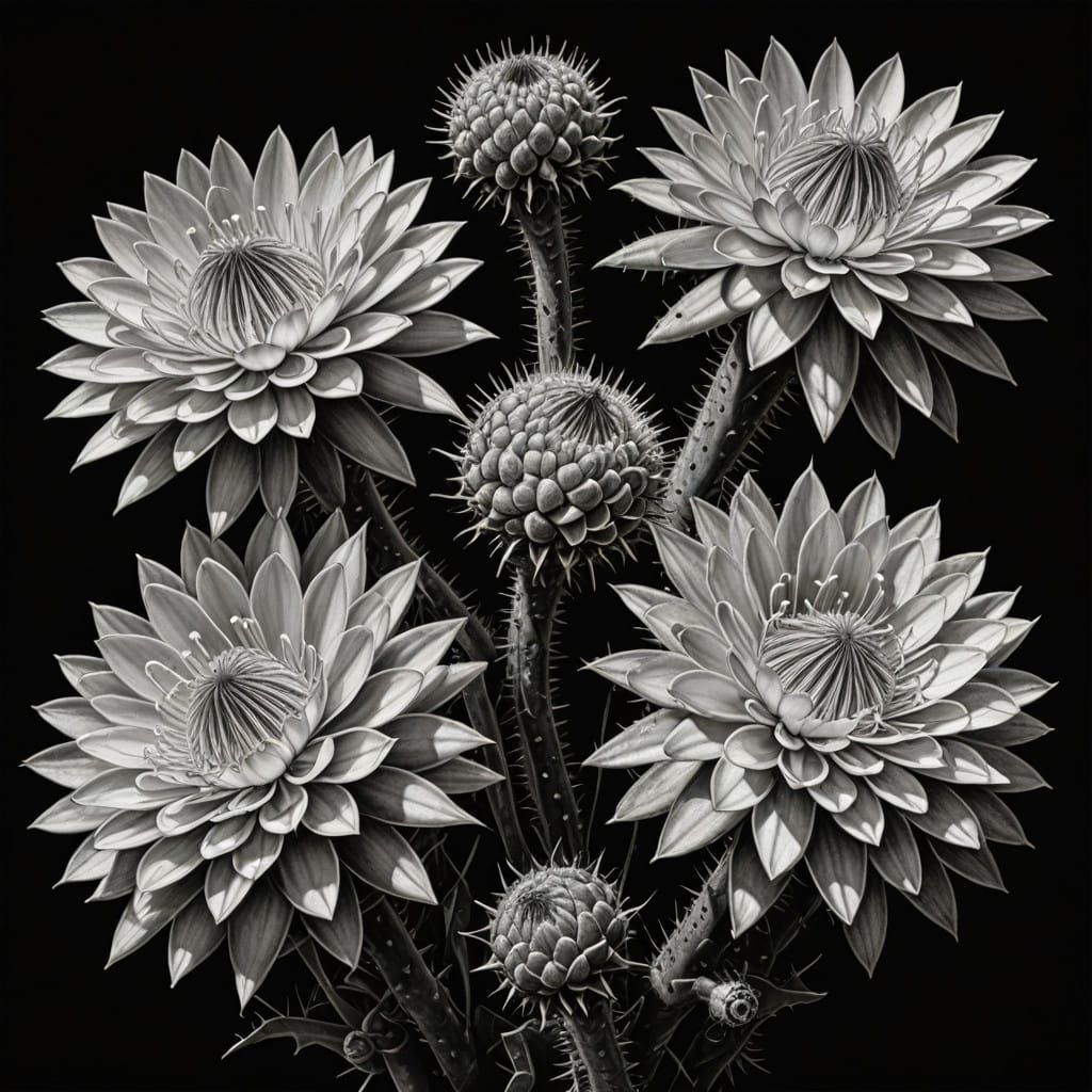 Charcoal Botanical Drawing of Mammillaria Cactus Flowers