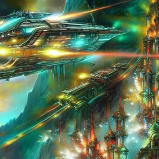 Steampunk Alien Metropolis and Interstellar Spaceship