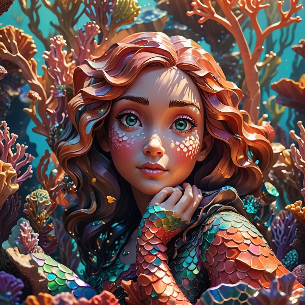 Mermaid Spying on Cameraman in Low-Poly Art