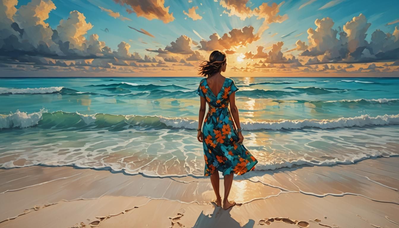 Woman on Maldives Beach in Abstract Expressionism