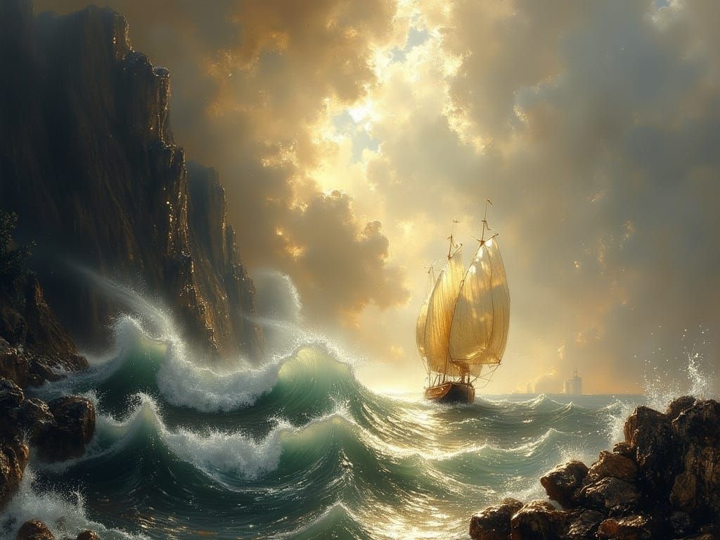 Dramatic Seascape: Ship Battles Storm in Turner Style