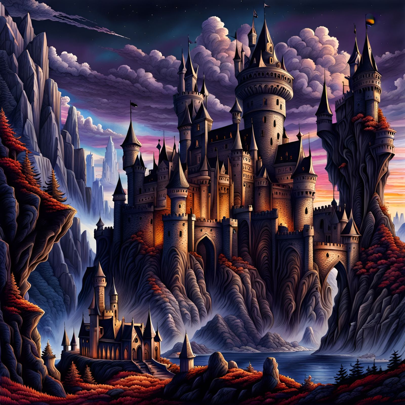 Intricate fantasy castle, fantasy landscape, Sharp contrast, high black point, Deep depth of field, sharp focus, cinemat...