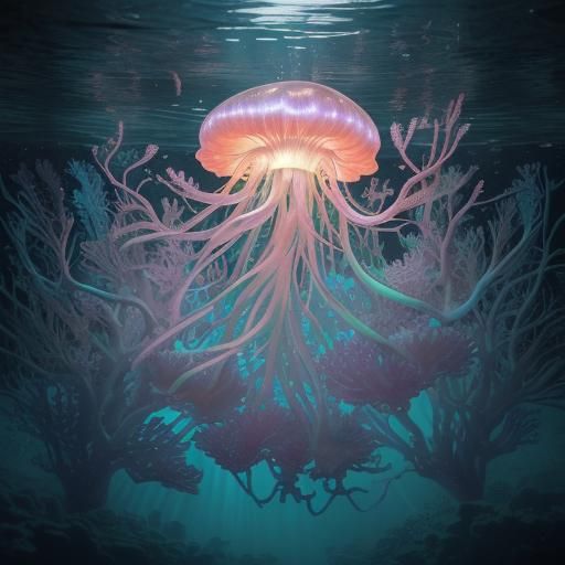Bioluminescent Jellyfish Art Painting in CGI Style