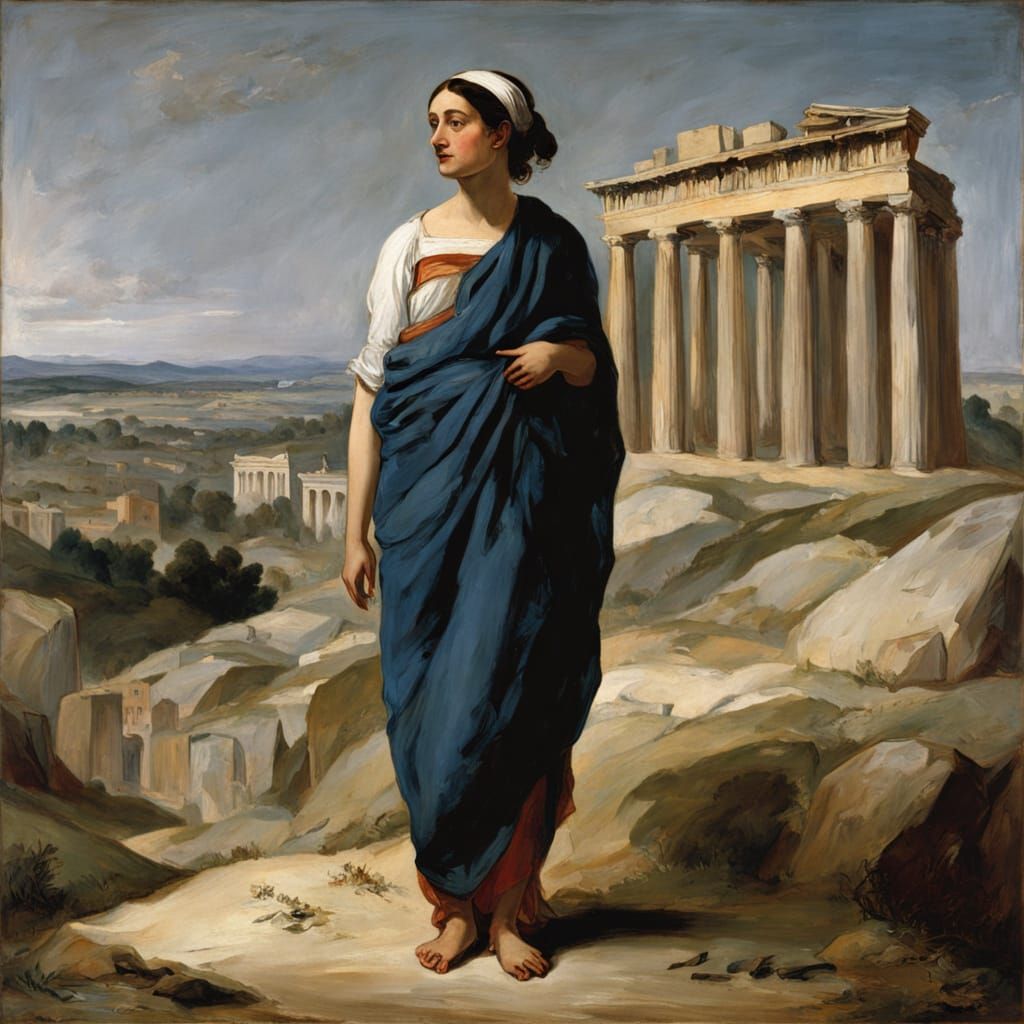 Ethereal Greek Goddess Contemplating Ancient Ruins in Soft S...